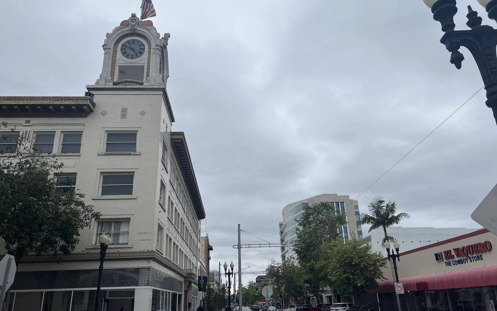 Street view of downtown Santa Ana with historic and modern buildings