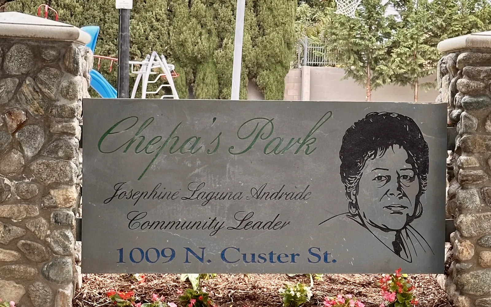 Community park in Santa Ana with landscaping and trees